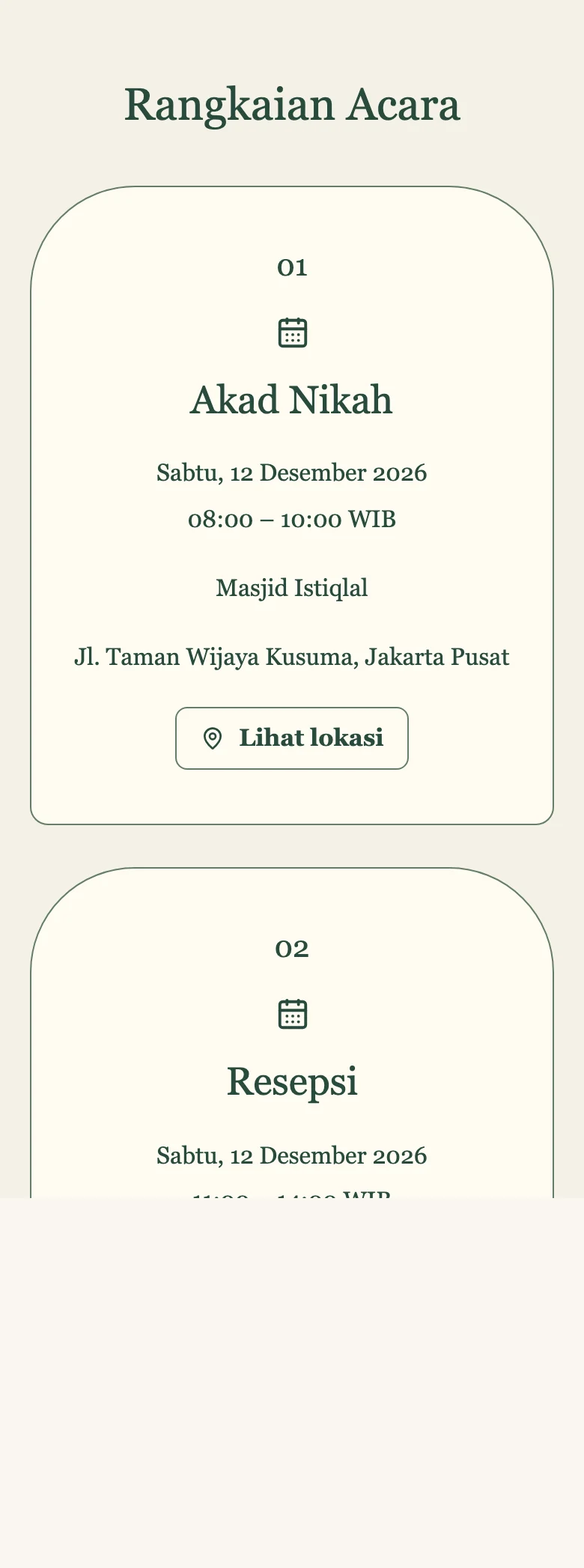 Informasi akad nikah dan resepsi lengkap dengan tombol lihat lokasi Google Maps