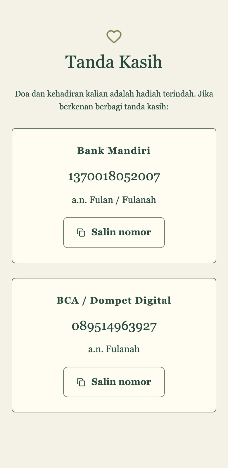 Bagian tanda kasih rekening dan e-wallet dengan tombol salin nomor otomatis