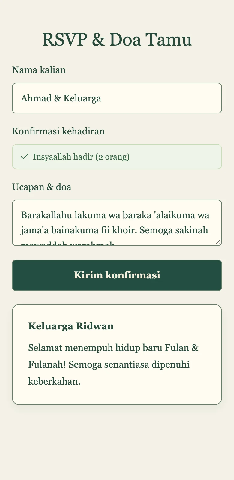 Formulir konfirmasi kehadiran tamu serta kirim ucapan dan doa